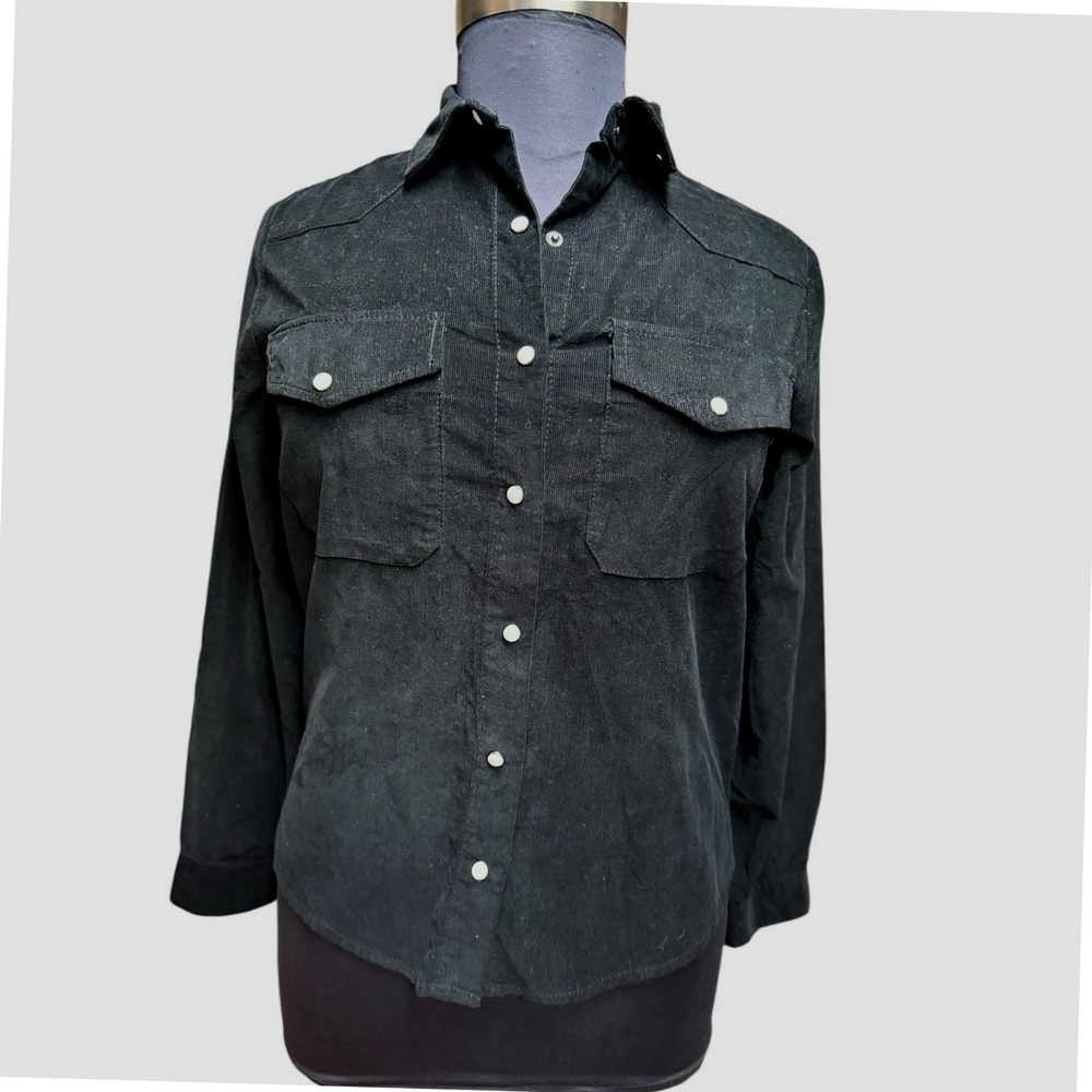 Velvet‎ Heart Corduroy Western Shirt Long Sleeve Button Up Pockets Black S Pearl